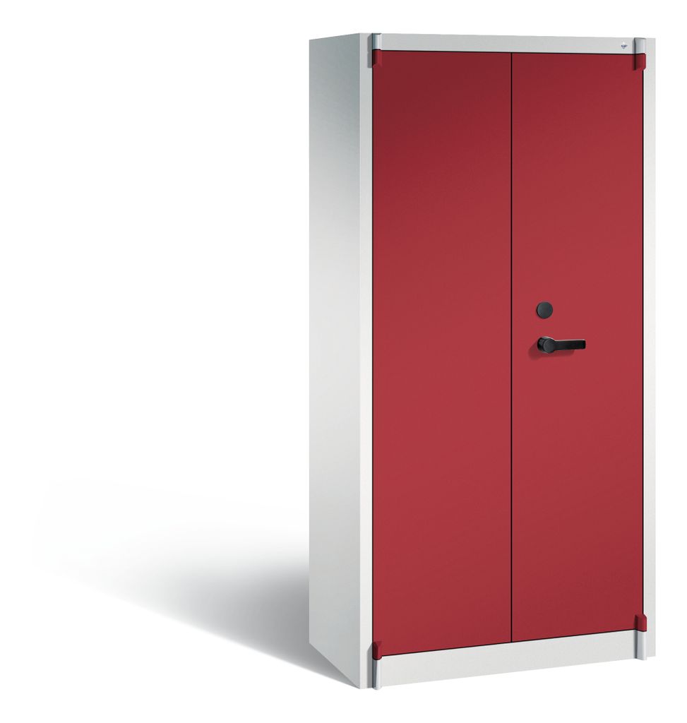 Feuergeschützter Flügeltürenschrank, BxTxH 930x500x1950 mm, 2-türig, 3 Fachböden, 2 Schließfächer, RAL 7035/3003 lichtgrau/rubinrot
