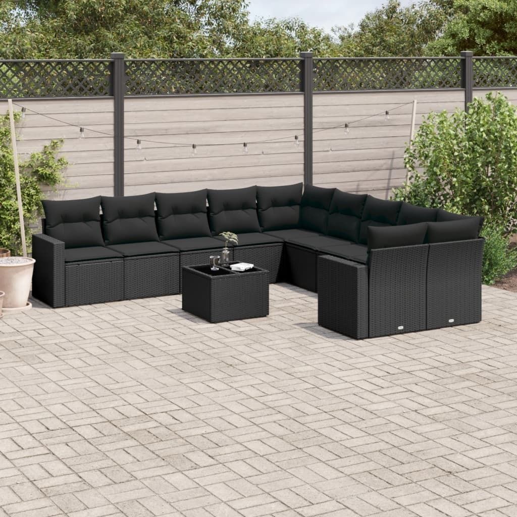 Design 11-tlg. Garten-Sofagarnitur mit Kissen Schwarz Poly Rattan, Gartenmöbel-Sets 2024 Neu