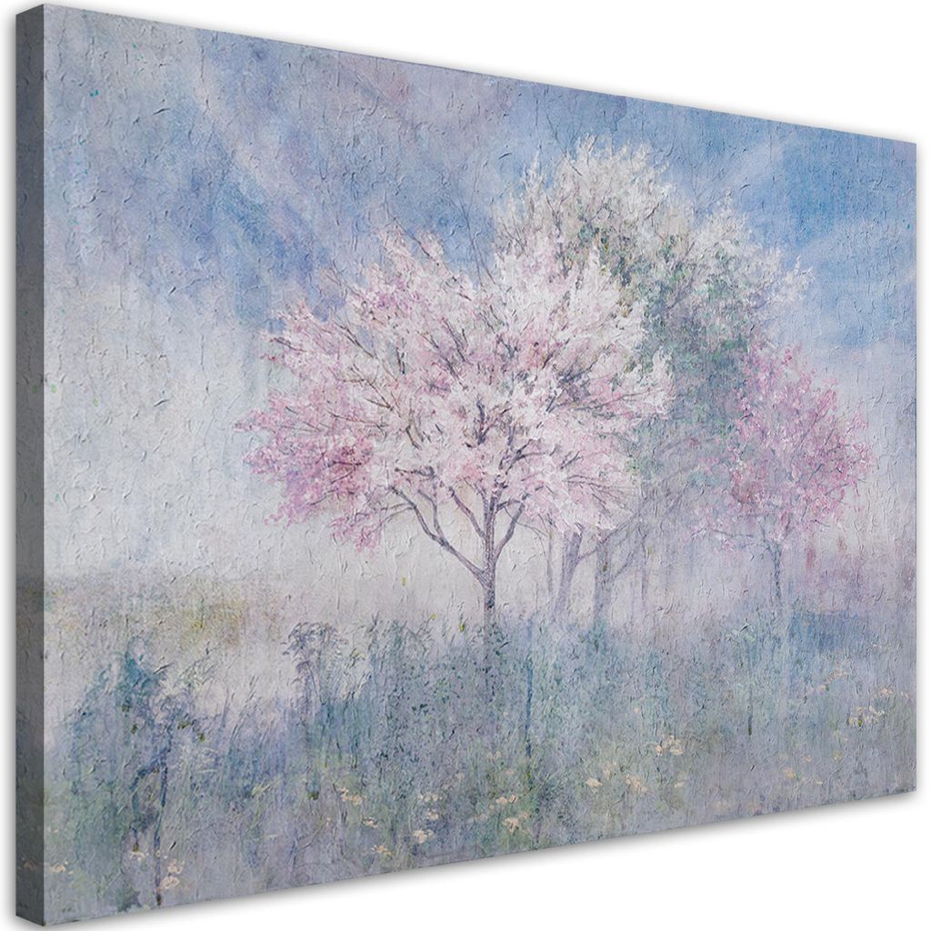 Leinwandbild blühender baum auf der wiese alt verblasst 100x70 cm Feeby lila wandbild bereit zum aufhängen