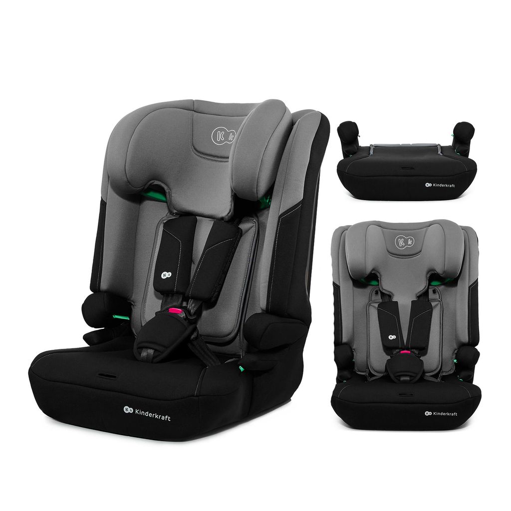 A studio shot of a car seat and its components on a white background.