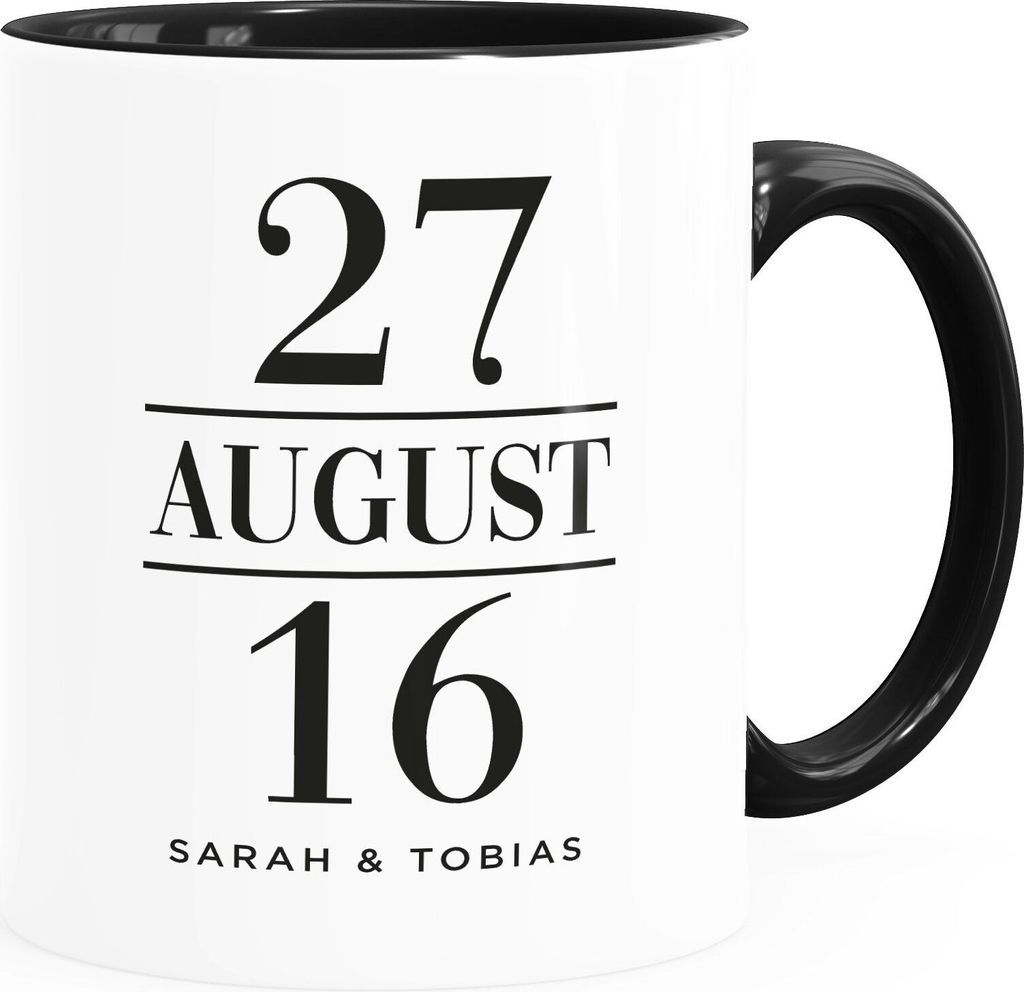 personalisierte Kaffee-Tasse Geschenk zur Hochzeit mit Namen und Datum Hochzeitsgeschenk Hochzeitstag SpecialMe weiß-innen-schwarz Keramik-Tasse