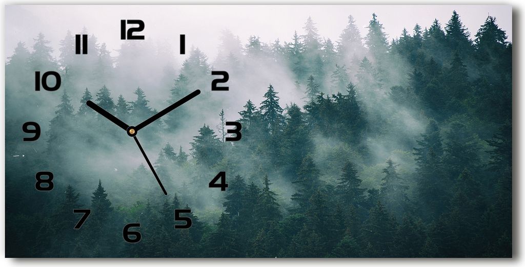 Wanduhr aus Glas – 60x30 cm - Glasbild - Glasuhr - Gehärtetes Glas - schwarze-zeiger - den Wald Nebel über