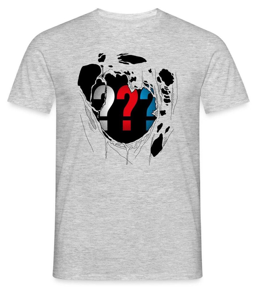 Spreadshirt Die Drei Fragezeichen Brust Destroyed Look Männer T-Shirt, M, Grau meliert