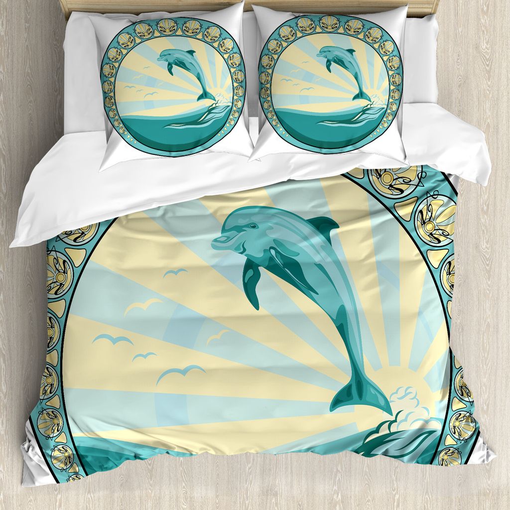 ABAKUHAUS Delfin Bettbezug, Säugetier Springen aus Meer, Milbensicher Allergiker geeignet mit Kissenbezügen, 155 cm x 220 cm - 80 x 80 cm, Teal G...