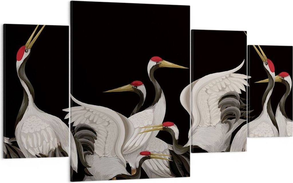 Bild auf Leinwand - Leinwandbild - 4 Teile - Kraniche Vögel Grafiken - 160x90cm - Wand Bild - Wanddeko - Wandbilder - Leinwanddruck - Bilder - Wan...
