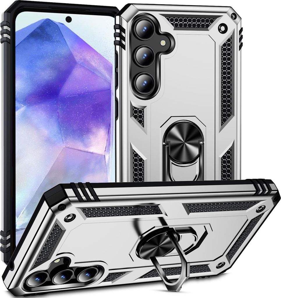 Schutzhülle für Samsung Galaxy A55 Dual Layer Robust Militäre Fallschutz Hülle mit Ringhalterung Ständer Silber
