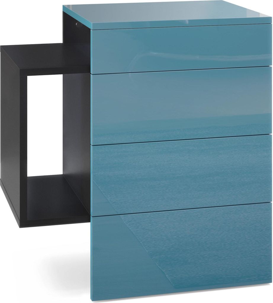Vladon Nachttisch Queens, Germany, Nachttischschrank mit 2 Schubladen und 1 seitlichem Fach zur Wandmontage, Schwarz matt/Petrol Hochglanz (60 x 63...