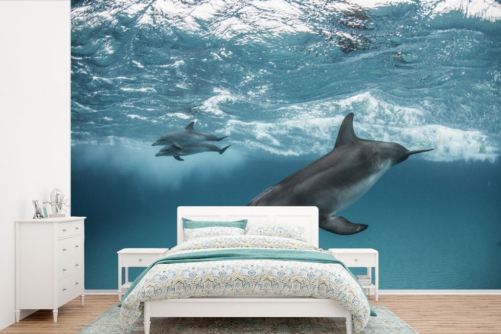 MuchoWow Fototapete für Wohnzimmer oder Schlafzimmer Wandtapete Vinyl Motivtapete Delfin - Wasser - Meer - 330x220 cm - Fototapeten
