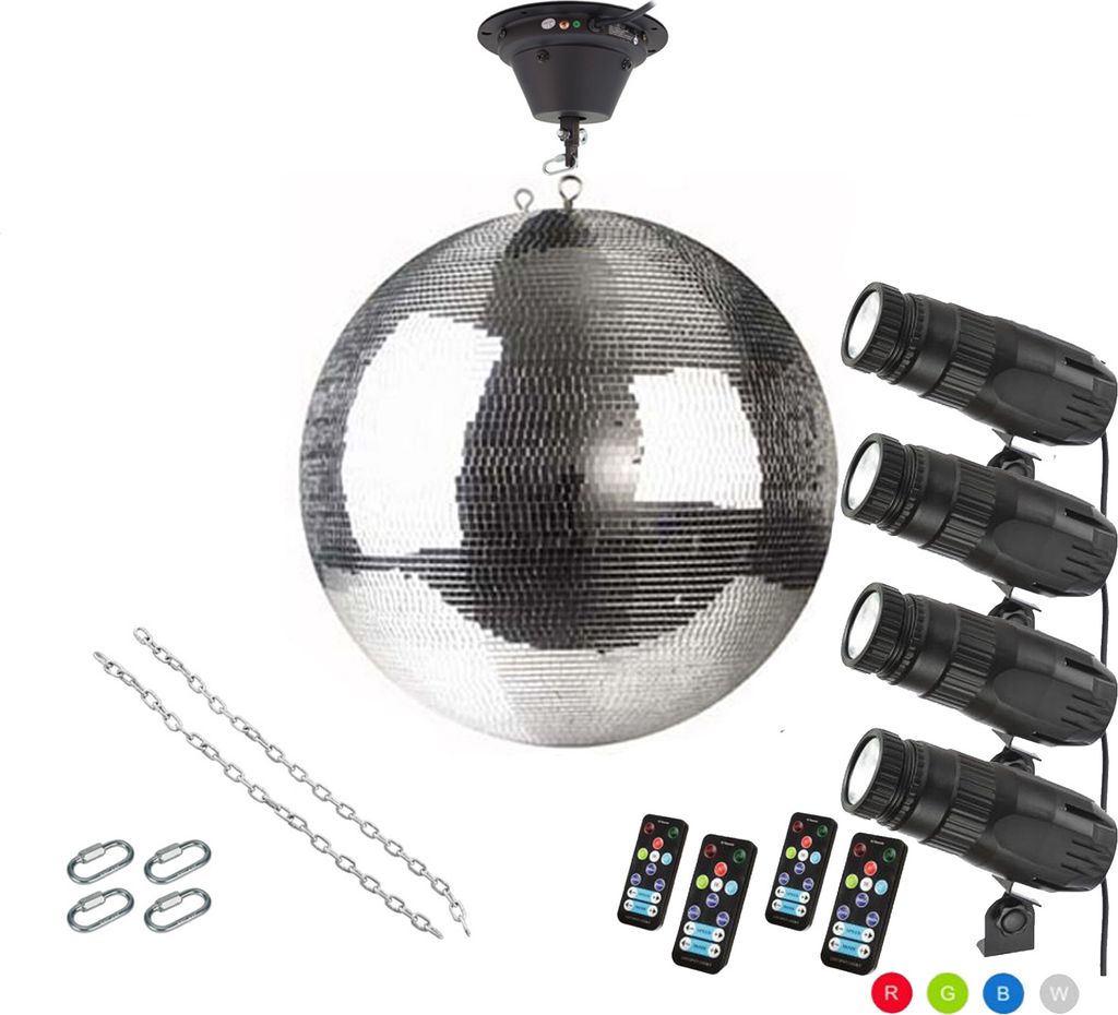 Spiegelkugel Komplettset 50cm mit Motor, 4 x 9W LED Pinspot (RGB) und Montagematerial PROFI