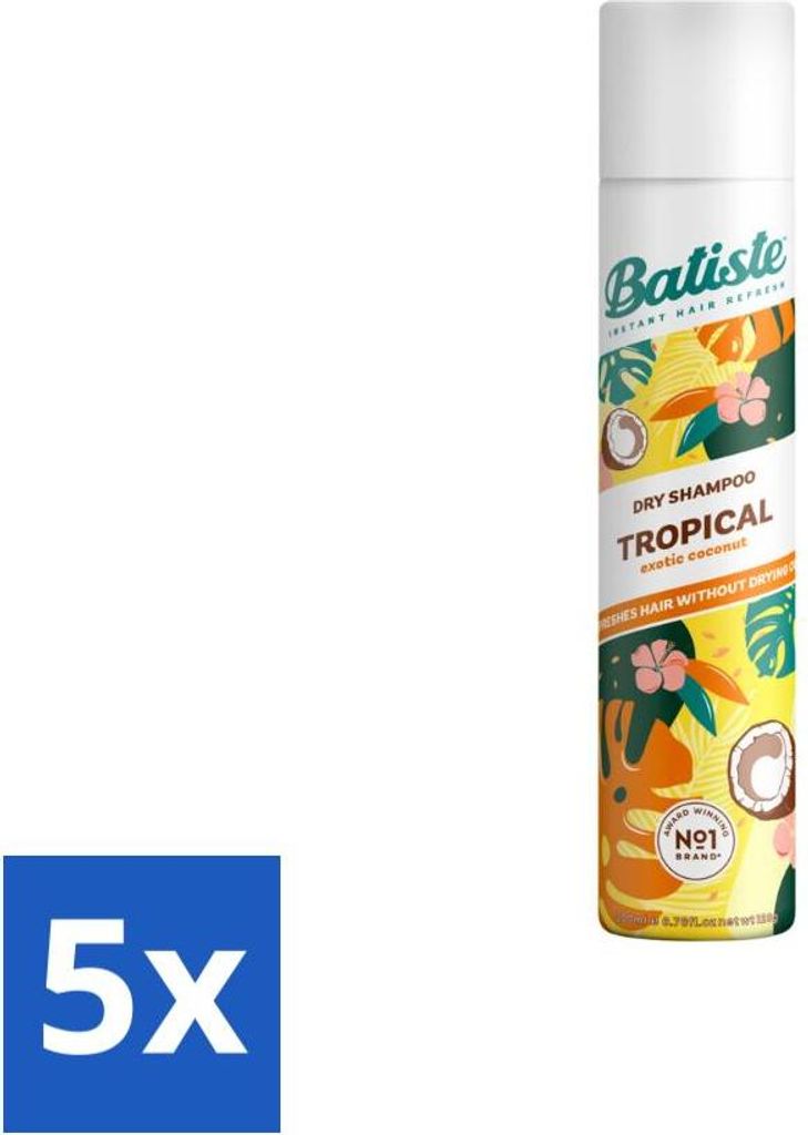 Batiste – Tropical – Trockenshampoo – Tropischer Duft – Erfrischt und stylt – 200 ml - Vorteilspack - 5 Stücke