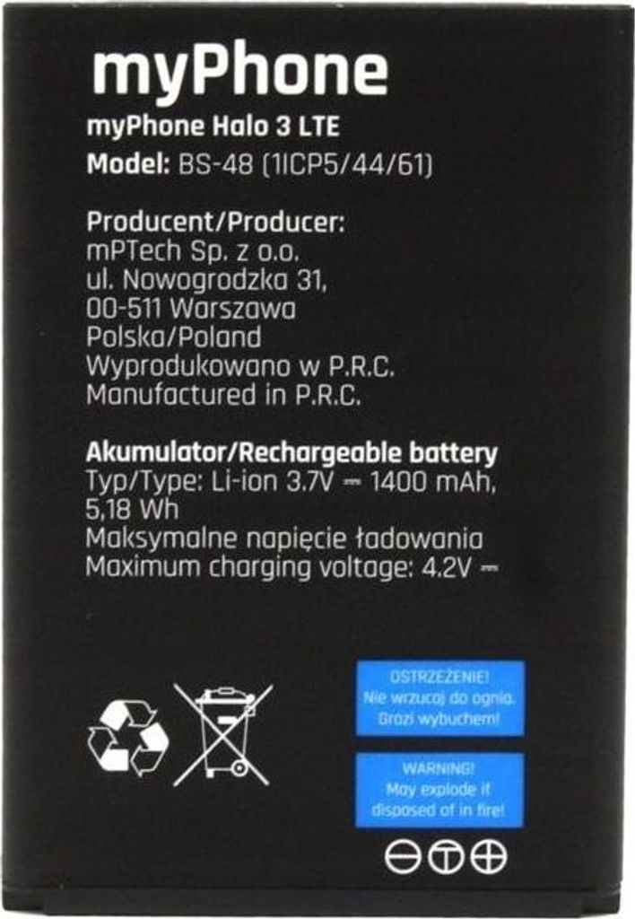 myPhone Halo 3 LTE Akku BS-48, Original Li-Ion, 1400mAh, Produktbild 