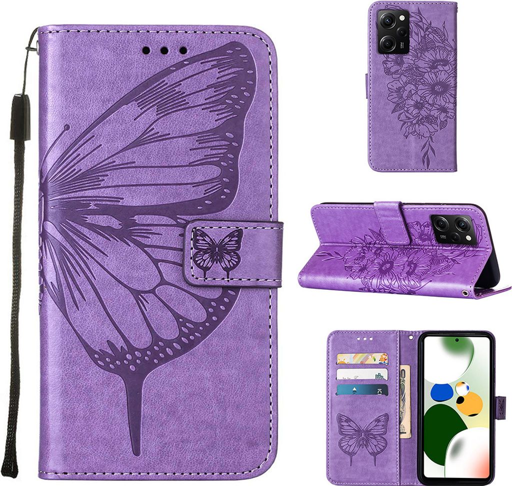 Lederhülle für Xiaomi Poco X5 Pro / Redmi Note 12 Pro Speed Schmetterling Prägung Flip Ledertasche Kartenfächer Handyhülle mit Ständer Violett