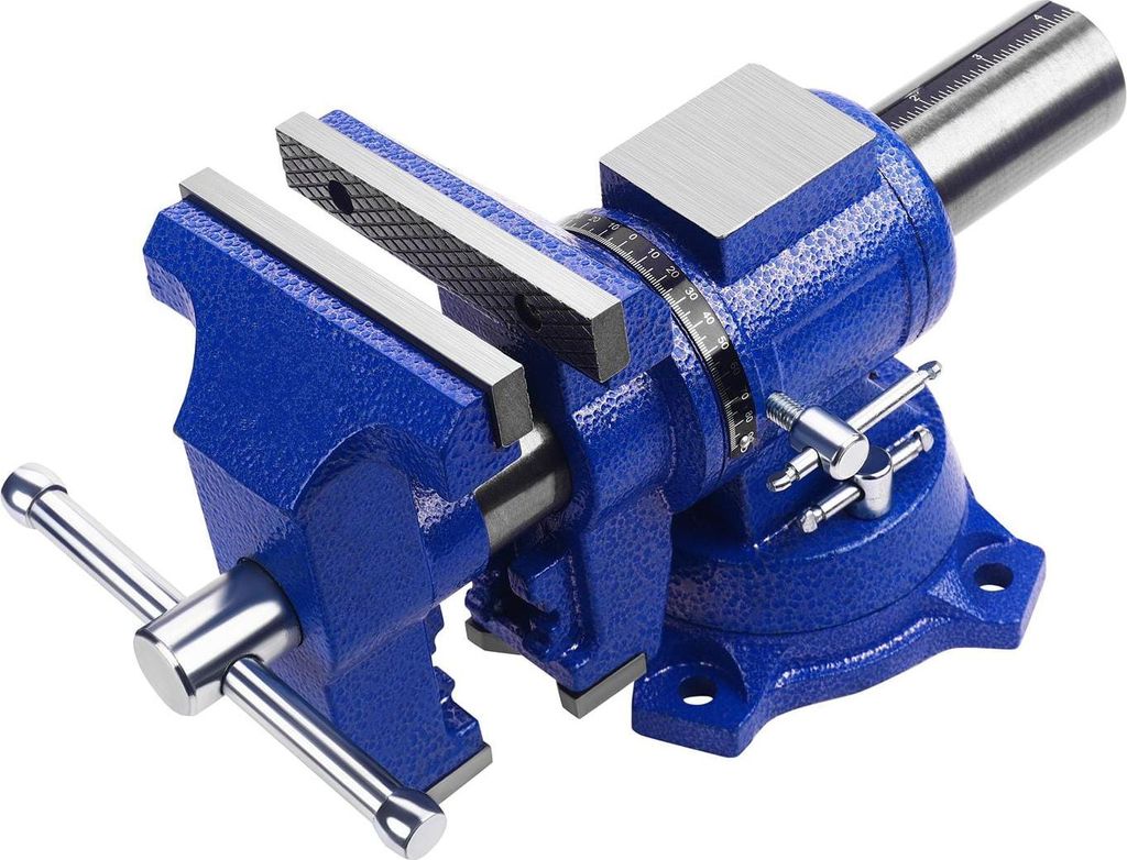 A blue and silver vise is shown against a white background.