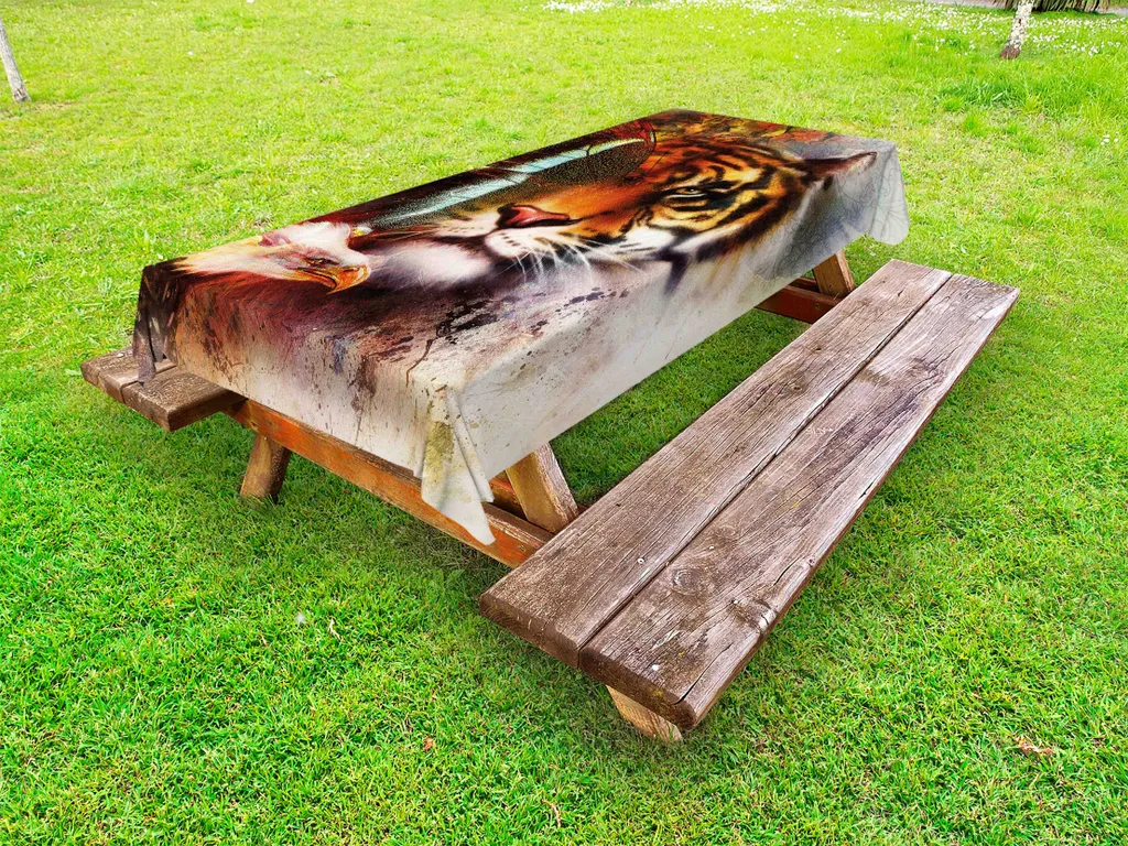 ABAKUHAUS Tovaglia Tiger Outdoor, vari simboli della natura Grande gatto del Bengala, aquila calva, farfalla su sfondo vivace, multicolore, 145x210 cm