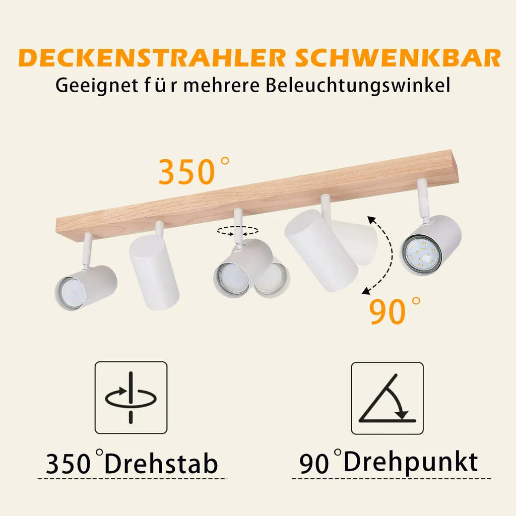 ZMH plafoniera 5 fiamme faretto soffitto legno plafoniera bianca spot soffitto GU10 lampada soggiorno 350° lampada corridoio soffitto faretto corridoio per camera da letto cucina soggiorno senza lampadine - 2