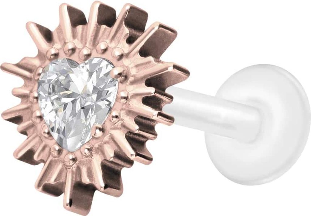 Ohrpiercing, Nasenpiercing PTFE Labret mit Innengewinde + Titan-Aufsatz KRISTALLHERZ + SONNENSTRAHLEN RoséGold Stablänge: 8mm | Stabstärke: 1,2mm