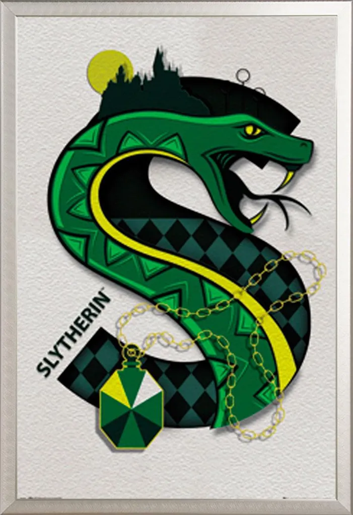 Harry Potter - Poster - Logo Serpeverde + cornice rimovibile, Shinsuke® Maxi alluminio argento, vetro acrilico