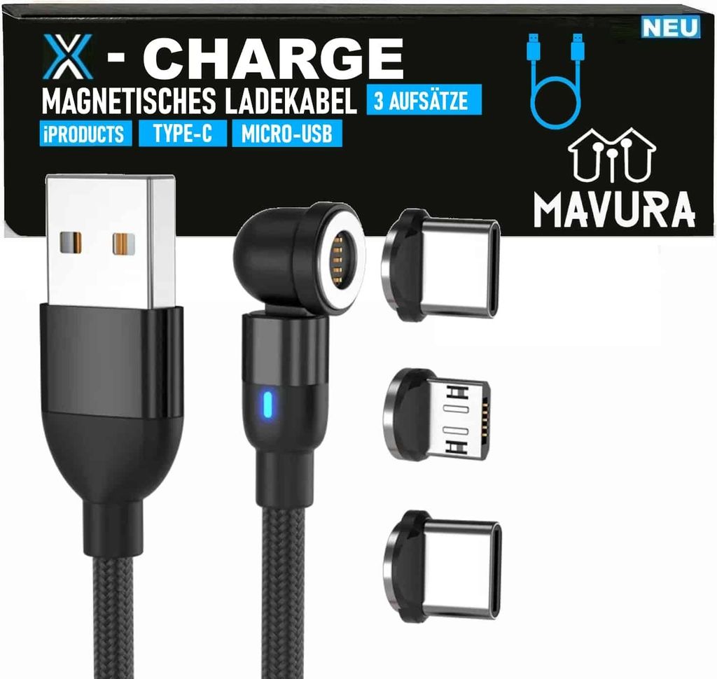 X-CHARGE magnetisches Ladekabel 360° Rotation für iPhone Micro USB Type C Magnet Schnellladekabel