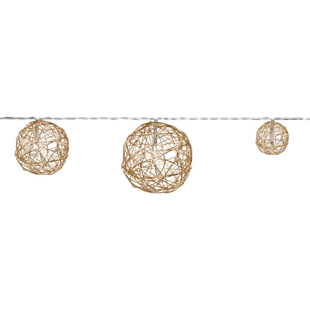 A string of three spherical lights made of woven material, hanging from a wire against a white background.