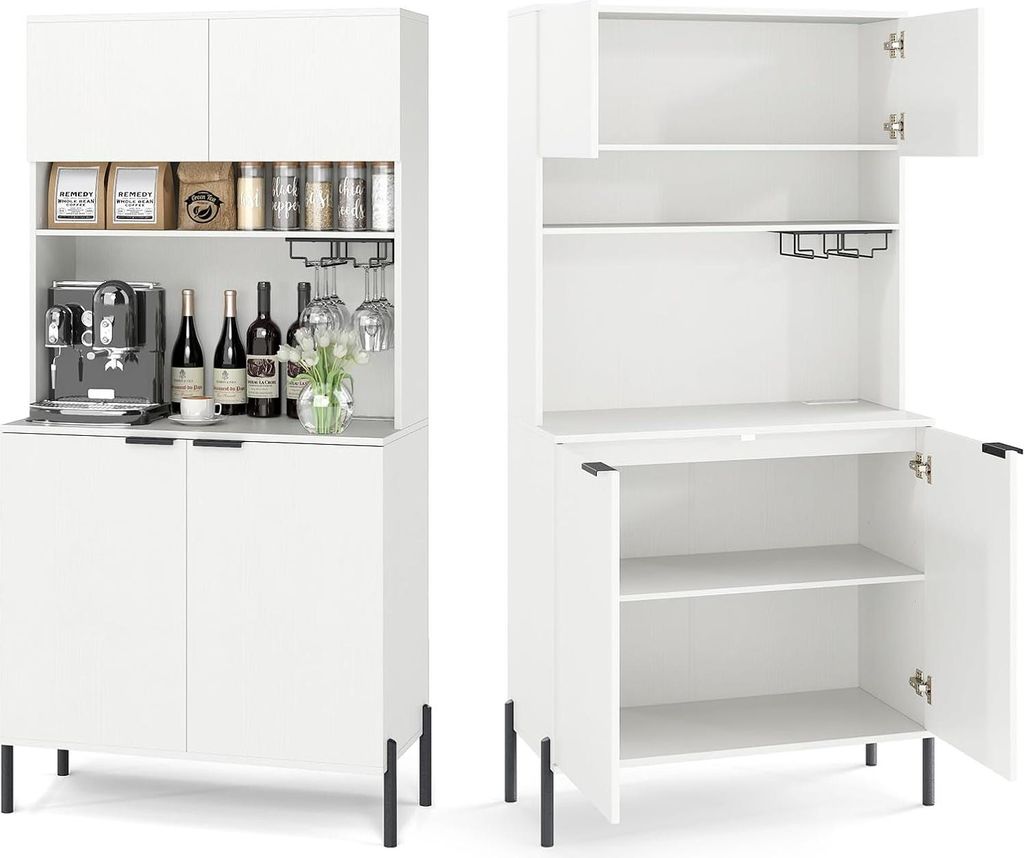 A white kitchen cabinet with a coffee machine, wine bottles, and glasses on display, shown from two different angles.
