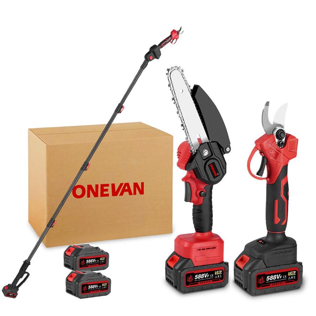 A product shot of a cordless pole saw, a cordless pruner, two batteries, and a cardboard box, all arranged on a white background.