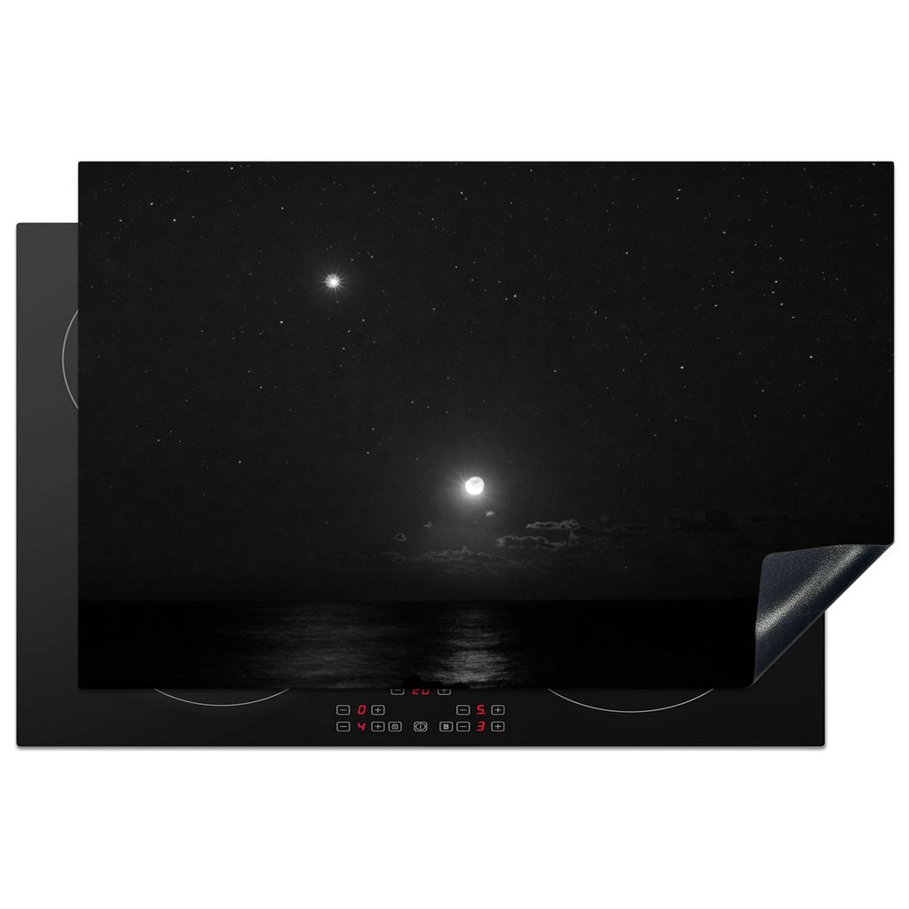 KitchenYeah Herdabdeckplatte Mond und Venus am dunklen Himmel - schwarz und weiß , 80x52cm, Küche Deko, Glaskeramikkochfeld Herdabdeckung, Abde...