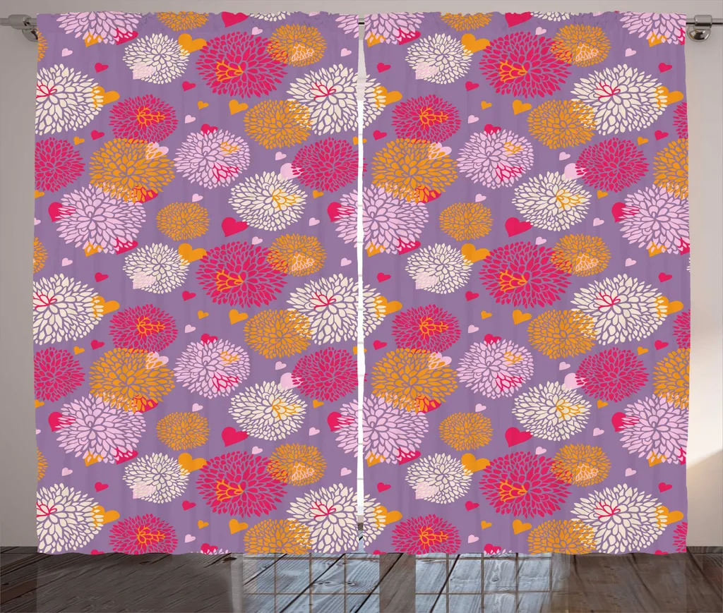 Rideau Grande Largeur 280x225 cm à Fleurs et Cœurs, Finition à Galon