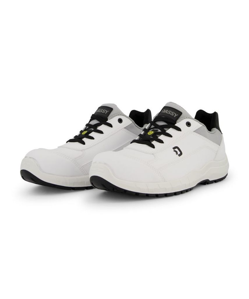 A pair of white safety shoes on a white background.