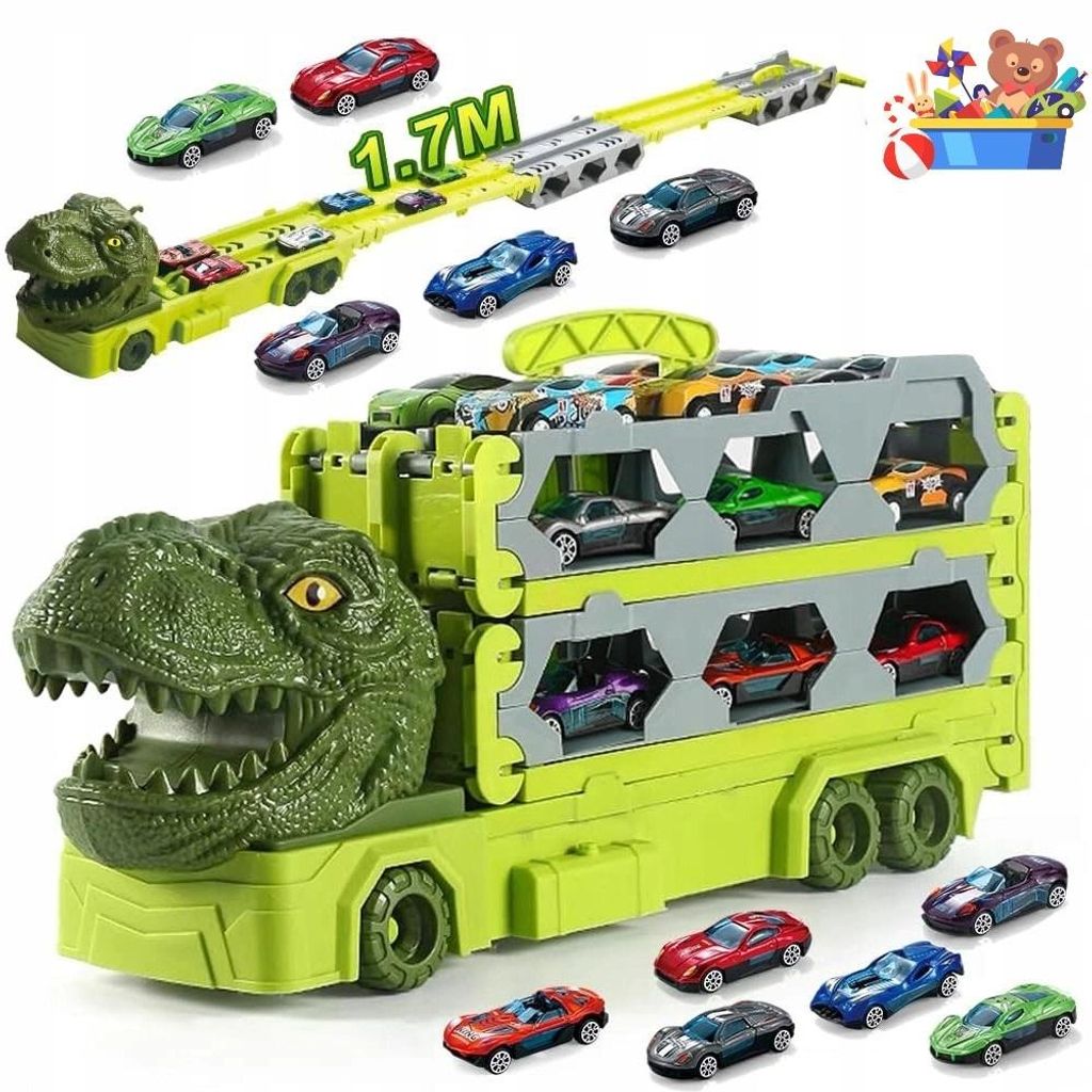 2-in-1 Rennbahn-Transporter Transport Truck Spielzeug Autos Träger LKW Fahrzeuge Set für Kinder inkl. 6 Spielzeugautos für Jungen Alter 3 4 5 6 7