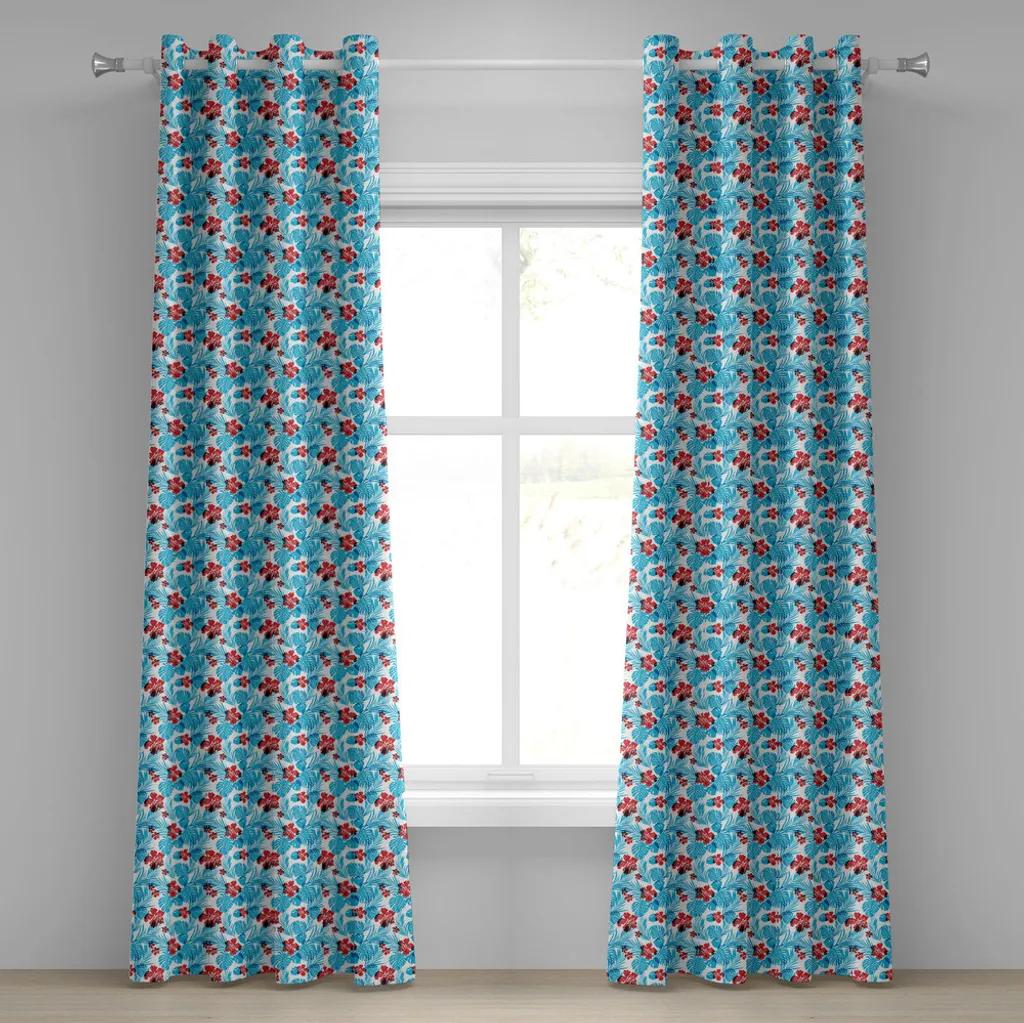Rideau motif Palm Tree Leaves et Hibiskus Petals en rouge et bleu