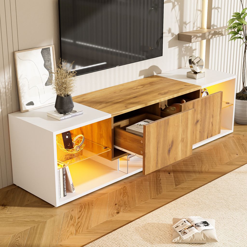 MODFU TV-Schrank, Dreischichtiger TV-Regal mit Glasplatten-Aufbewahrungsplattform,Fernsehbank mit 2 Schubladen, TV-Sideboard geeignet für Wohnzimm...