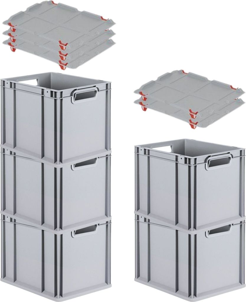 SparSet 5x Eurobox NextGen Grip mit Auflagedeckel inkl. 4 roten Schiebeschnappverschlüssen | HxBxT 32x30x40cm | 30 Liter | Griffe offen | Glatter ...