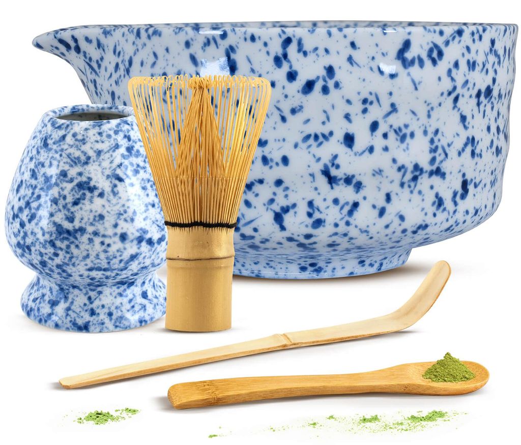 Cebador - Matcha Tee Set Mizore 420ml - Blau Weiße Keramik Teeschale Mit Ausguss & Kusenaoshi Halter - Traditionelles Japanisches Bambus Chasen