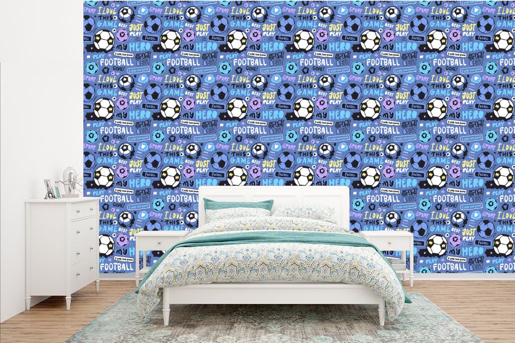 MuchoWow Fototapete für Wohnzimmer oder Schlafzimmer Wandtapete Vinyl Motivtapete Muster - Fußball - Blau - Jungen - Kinder - Kleiner Junge - 3...