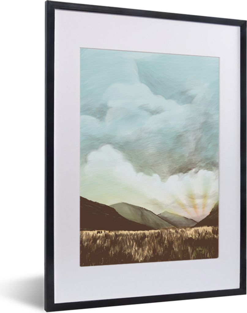 MuchoWow MuchoWow Gerahmtes Poster Himmel - Berg - Gras 30x40 cm - Poster mit zchwarzem Bilderrahmen - Wandposter Schlafzimmer