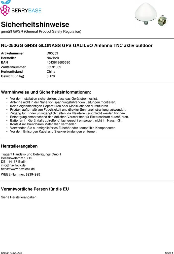 Antenne GNSS NaviLock NL-250GG GLONASS Solution Réception Signal TNC - 8