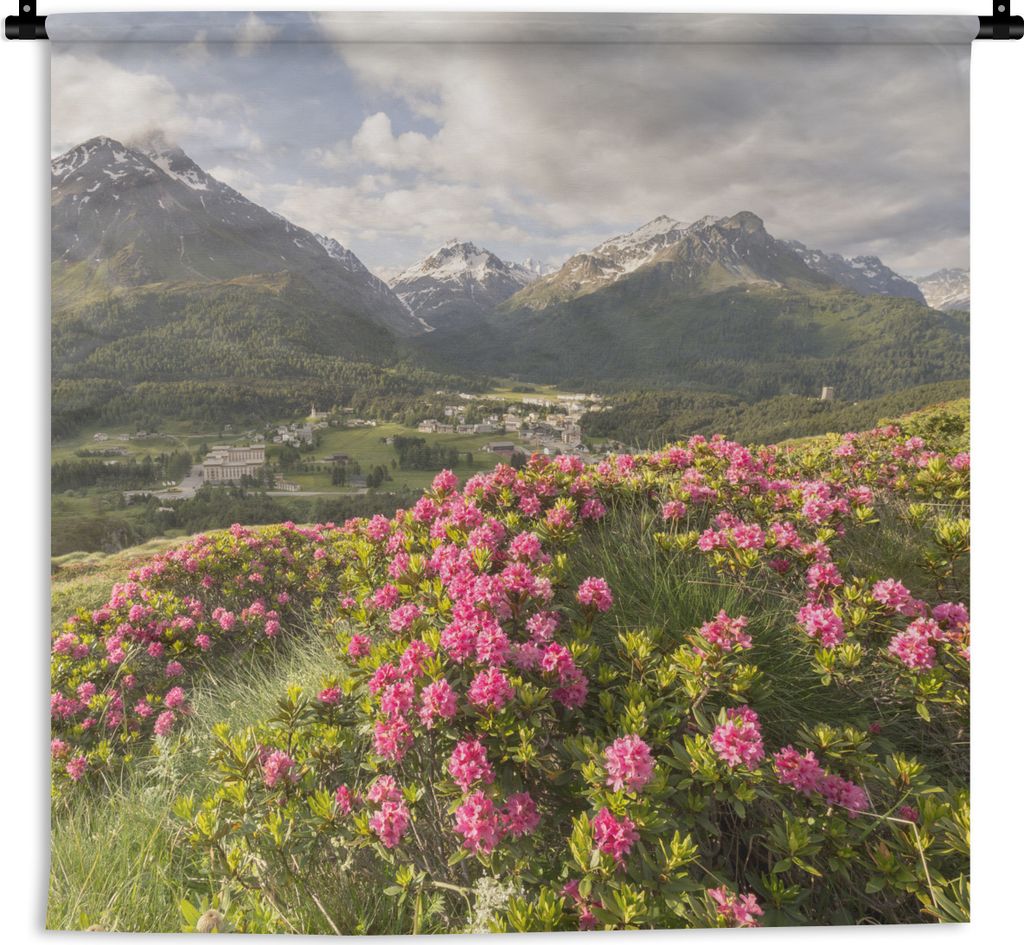 MuchoWow Wandteppich Wandbehang Blumenwiese - Berge - Rosa 120x120 cm Tapisserie Dekoration Wandtuch - Modern - Baumwollgewebe