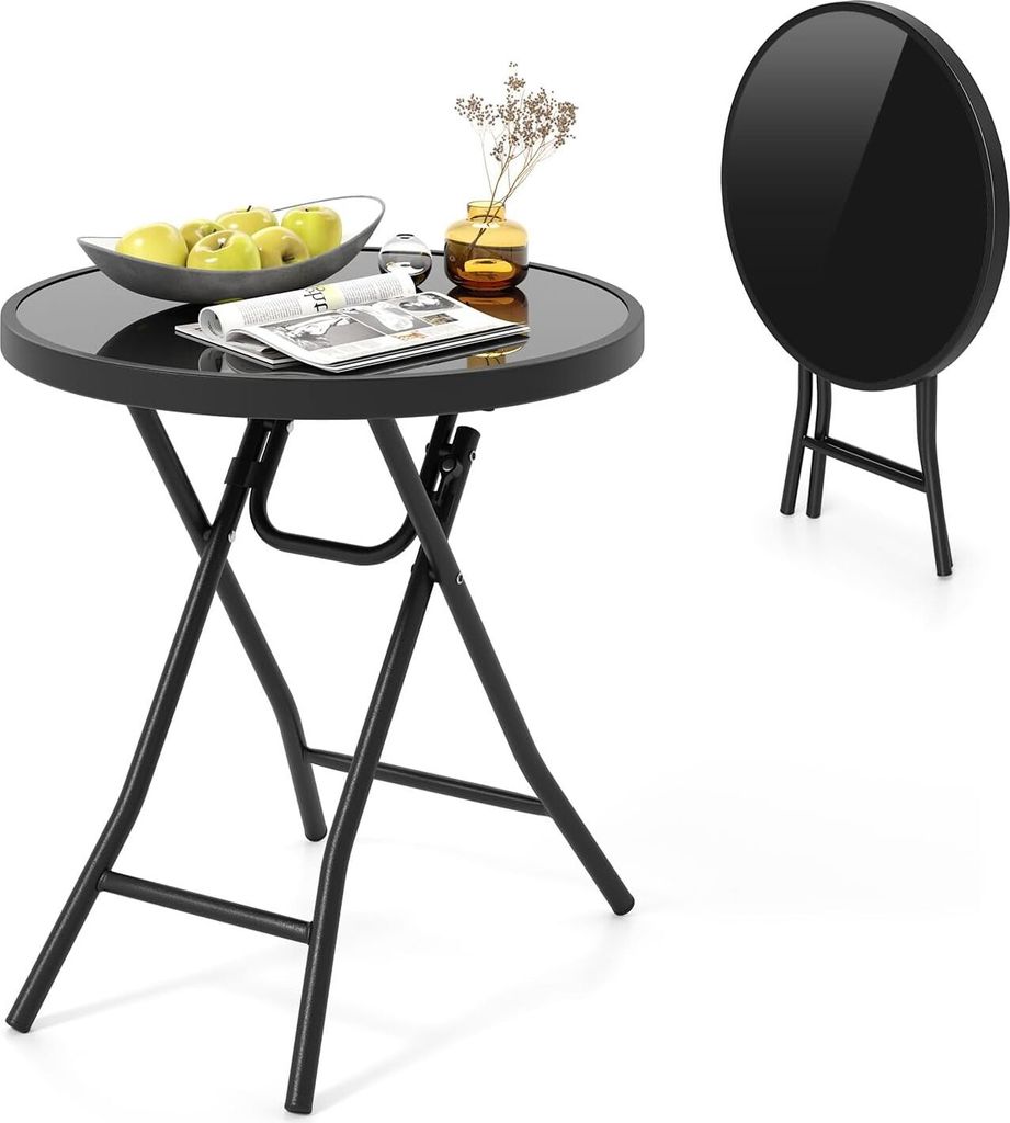 KOMFOTTEU Gartentisch aus gehärtetem Glas, 46 cm Beistelltisch klappbar mit Metallrahmen, runder Esstisch für Terrasse, Balkon, Seitentisch für ...