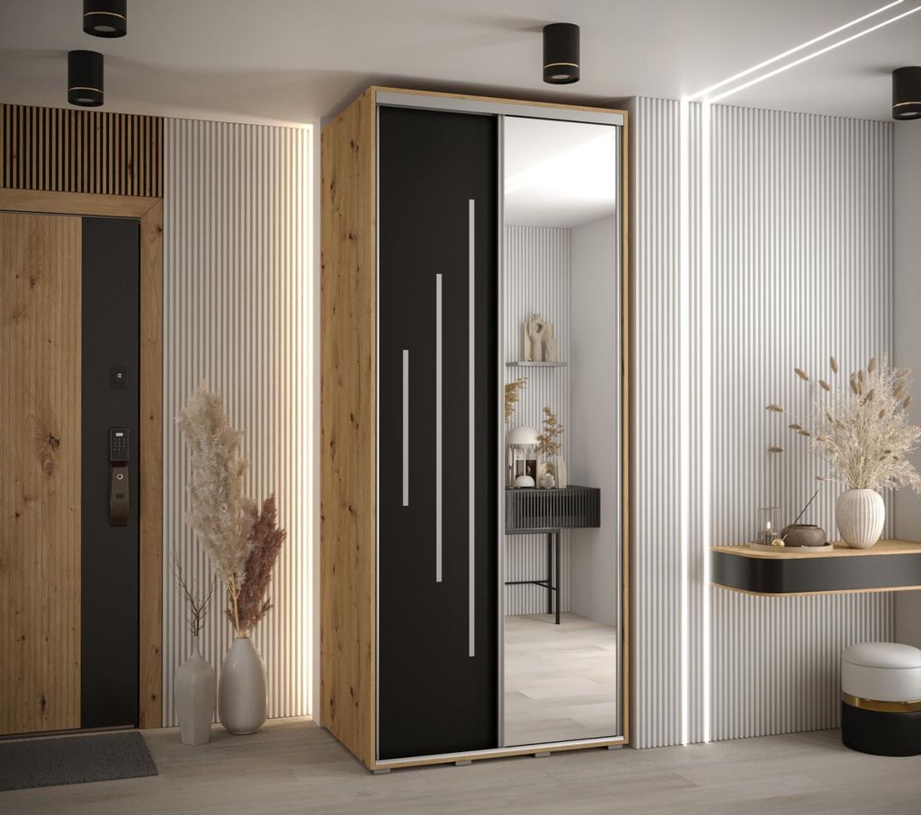 Kleiderschrank ASIRI 13 - 100/60 cm, Artisan-Eiche / Schwarz / Silber