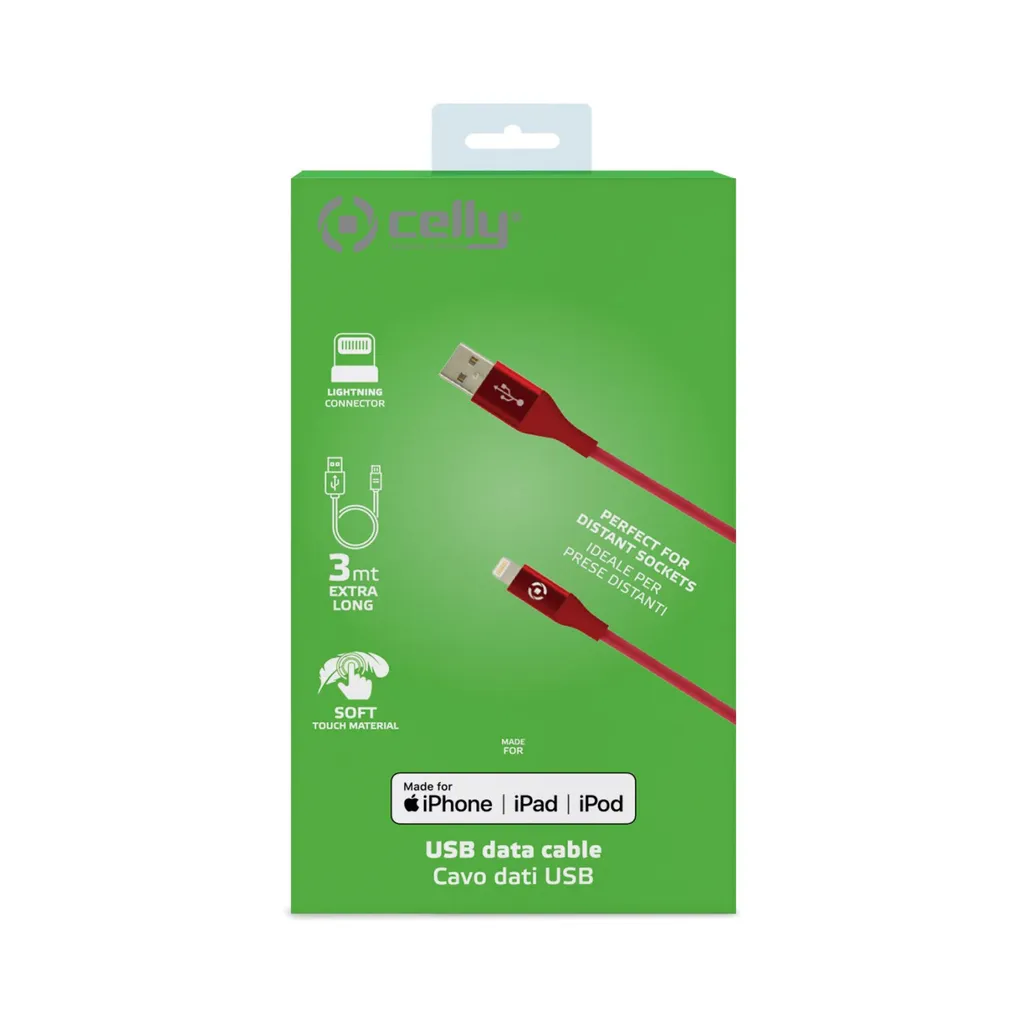 Celly USBLIGHTCOL3MRD Câble Lightning 3m Rouge pour iPhone et iPad - 6