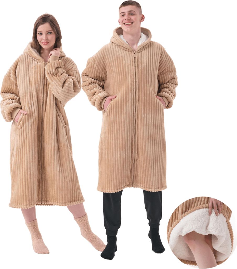 Oversize Kuscheldecke mit Ärmeln und Kapuze - Beige, Unifarben, Geeignet für Erwachsenen