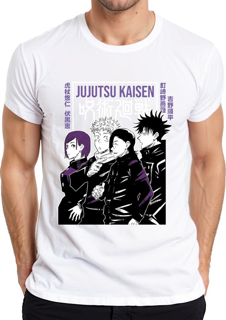 Jujutsu Kaisen Manga Anime Ästhetik Charaktere Schwarz Lila Retro Herren T-Shirt, Weiß, L