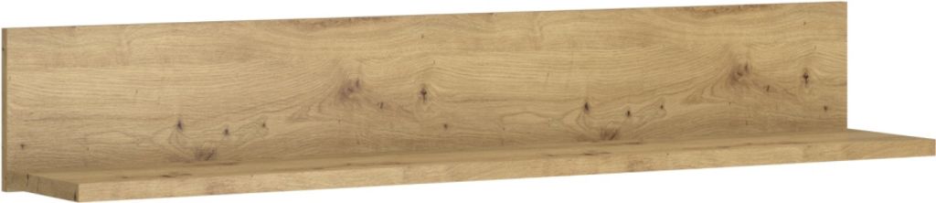 A wooden shelf against a white background.