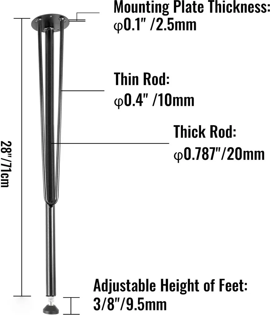 Pieds Fer forgé Noir 3 barres 71cm - Meubles robustes 4 pièces