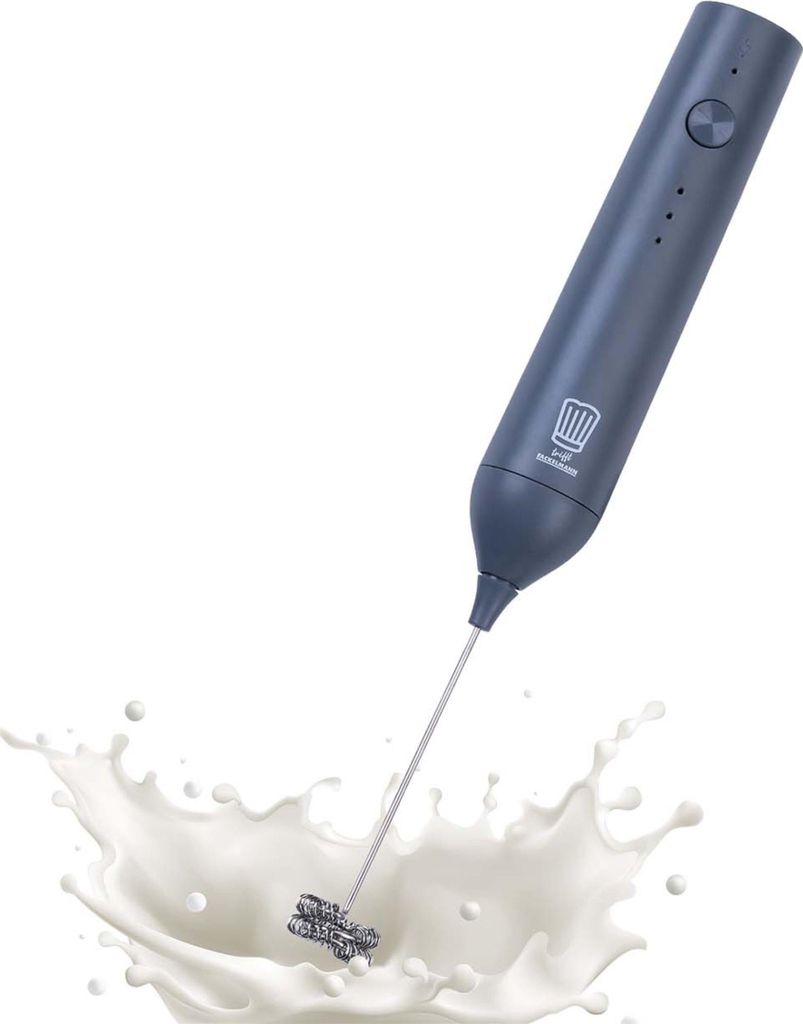 Chefkoch trifft Fackelmann Hochwertiger Elektrischer Milchaufschäumer aus Edelstahl mit USB-Ladefunktion und zwei Schneebesenköpfen