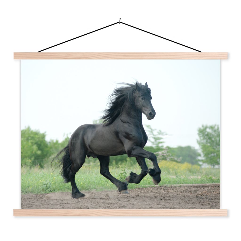 MuchoWow Textilposter Pferd - Schwarz - Natur 150x113 cm mit holzfarbenen Rahmen - Poster