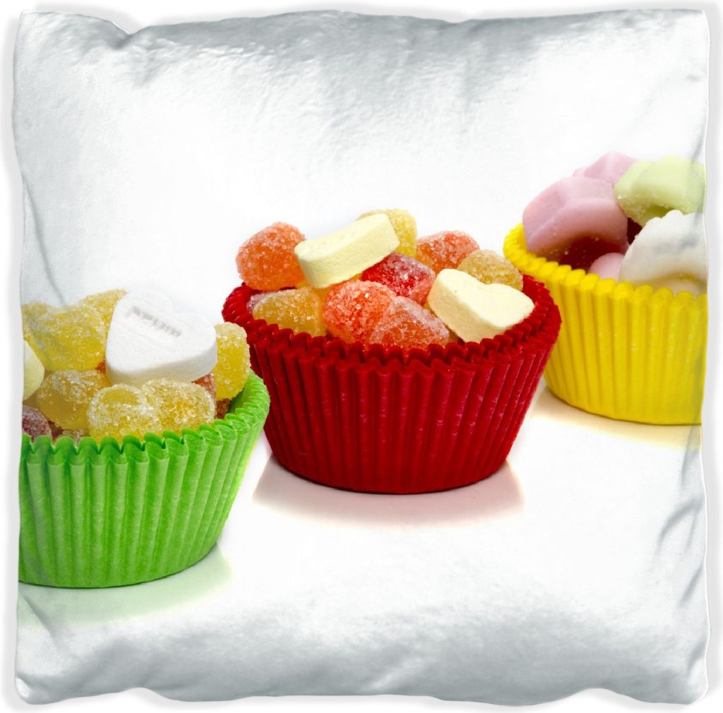 Wallario Premium Kissen, weiche Oberfläche, mit Motiv Sweets - Süßigkeiten-Muffins in der Küche, Größe: 40 x 40 cm, mit weißer Rückseite