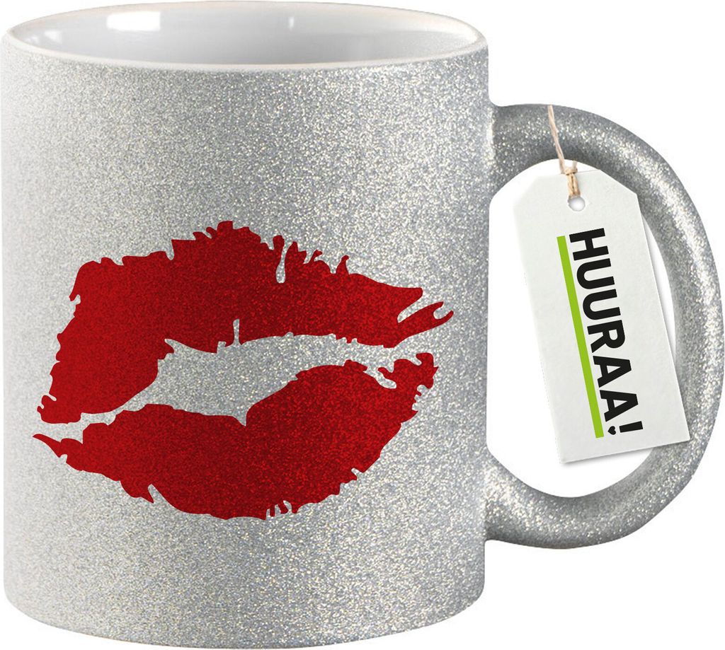 Huuraa Glitzertasse Kussmund Lippen 330ml Silber Keramik Kaffeebecher Geschenkidee
