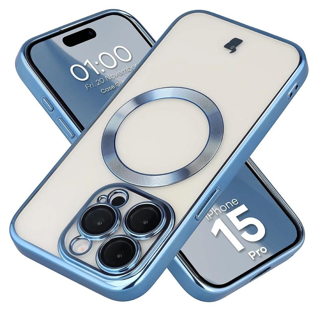 Handyhülle mit Kameraschutz und Magnetring für iPhone 15 Pro, Bizon Case GuardO, Transparent-Blau