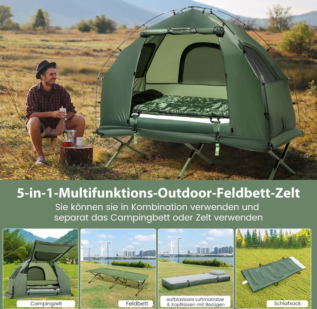 COSTWAY Feldbett mit Zelt, Campingbett mit Vorzelt, Produktbild 3